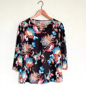 Chicos Easywear Black Tropical Floral Keyhole Blouse Size 1 (8-10 M)